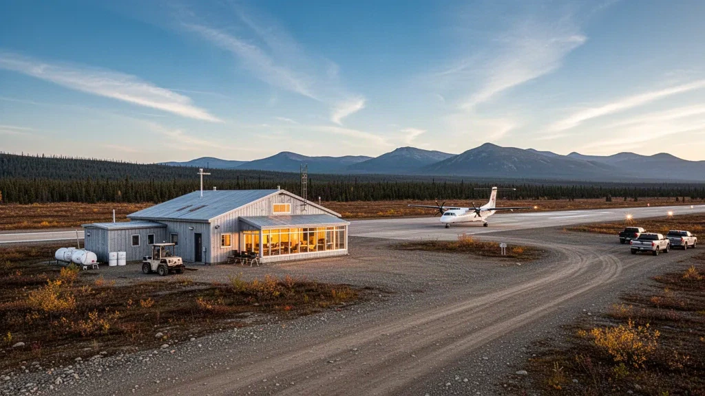Kleines Turbopropflugzeug neben dem Terminal am Flughafen Fort McPherson in den Northwest Territories bei tiefem goldenem Tundralicht