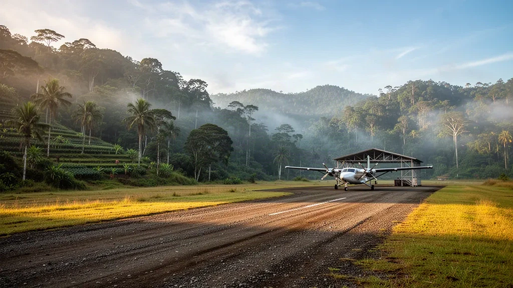 Pista de grava y una pequeña aeronave ligera en un aeródromo de tierras altas neblinoso en Papúa Nueva Guinea, con crestas de selva tropical brillando al amanecer.
