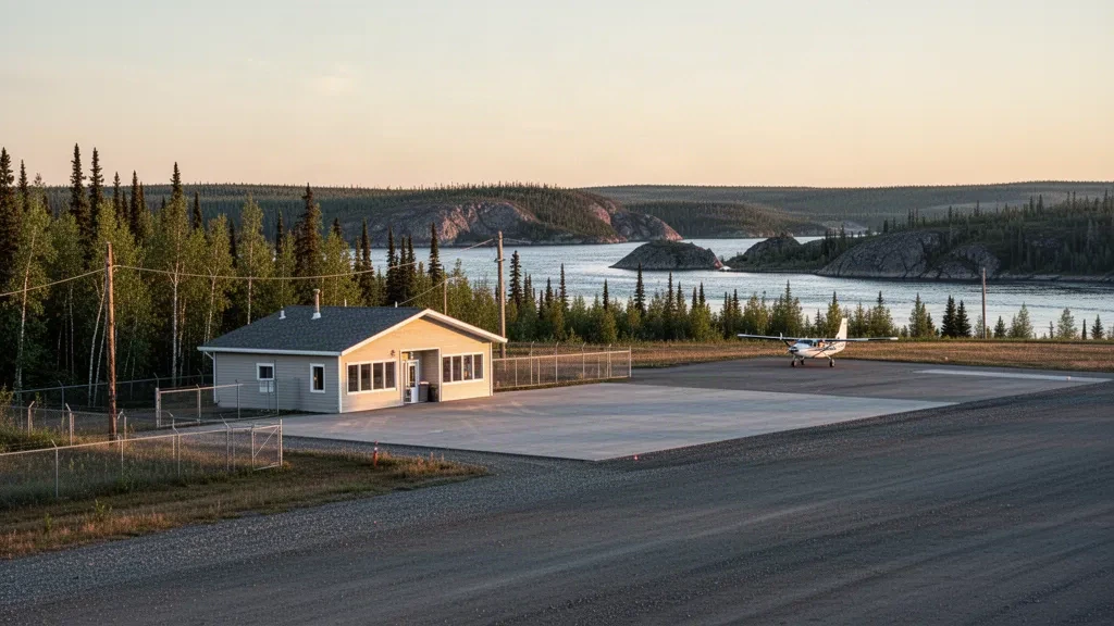 Remote northern Manitoba airport terminal and gravel runway at Gods River surrounded by boreal forest in golden-hour light