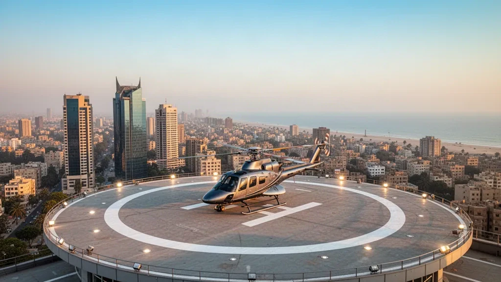 Rooftop helipad at Zamzama Heliport in Karachi, with a helicopter, glass towers and coastal skyline at golden hour.