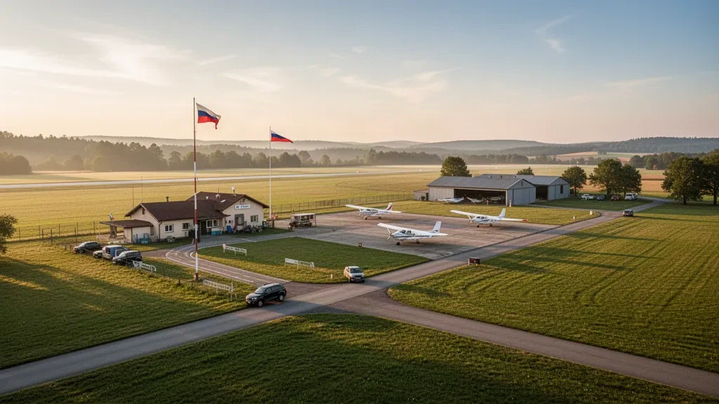 Vue à l'heure dorée de l'aérodrome de Zábřeh Dolní Benešov avec une piste en herbe, des hangars et des avions légers dans la campagne tchèque.