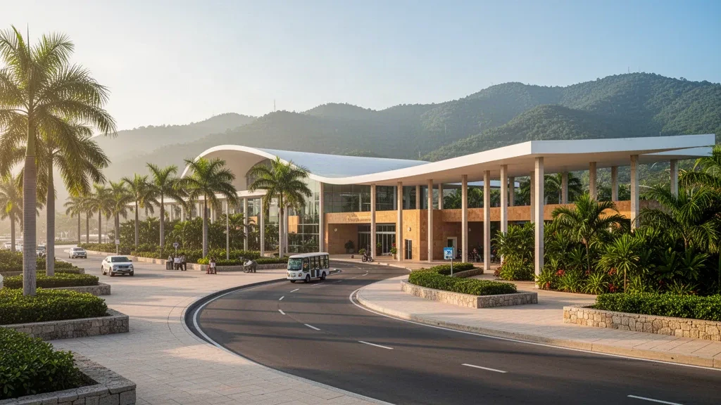 Moderne Terminalfassade und von Palmen gesäumte Vorfahrtspur am internationalen Flughafen Ixtapa-Zihuatanejo in Guerrero, Mexiko, in warmem Licht zur goldenen Stunde.