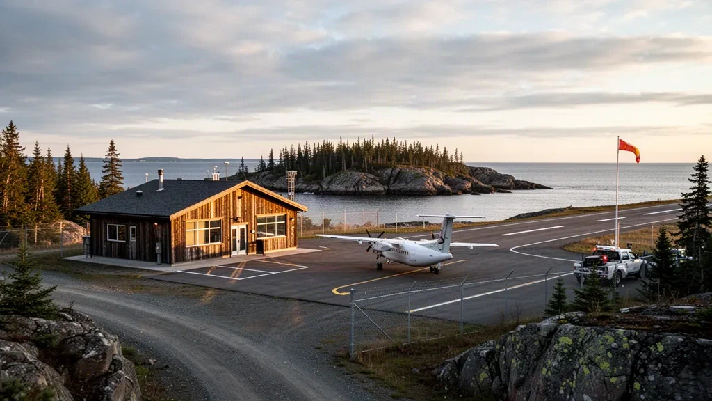 Piccolo terminal costiero remoto e pista all'Aeroporto di La Tabatière in Quebec all'ora d'oro, incorniciati dalla foresta di abeti rossi e dal Golfo