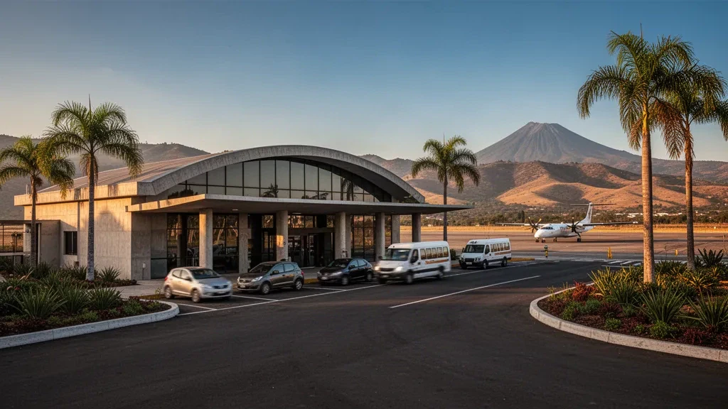 Meksika, Michoacán'daki Zamora Havalimanı'nda altın saatlerde modern terminal binasının dış cephesi ve yolcu indirme alanı