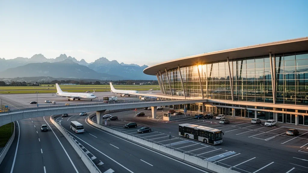 Moderne Glasfassade eines Terminals und Vorfahrtsbereiche am Flughafen Zürich in Kloten mit den Schweizer Alpen am Horizont