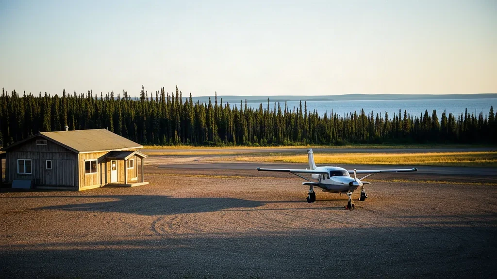 Kuzey Ontario'daki Round Lake (Weagamow Lake) Havaalanı'nda boreal orman ve uzak bir gölle çevrili küçük uzak terminal ve çakıl apron.