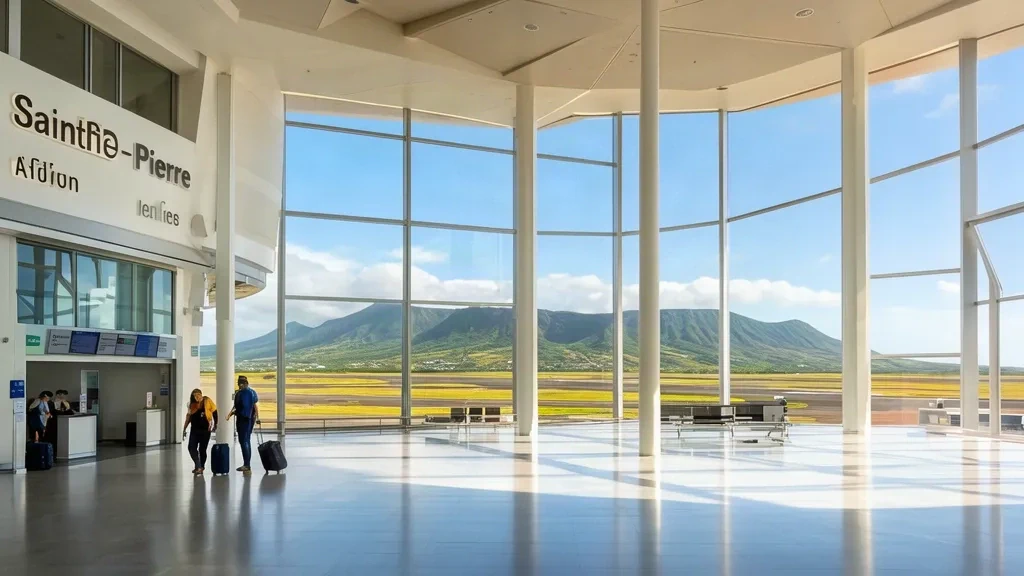 Hall de départ moderne de l'aéroport de Saint-Pierre Pierrefonds sur l'île de La Réunion, avec de grandes fenêtres et une lumière naturelle.