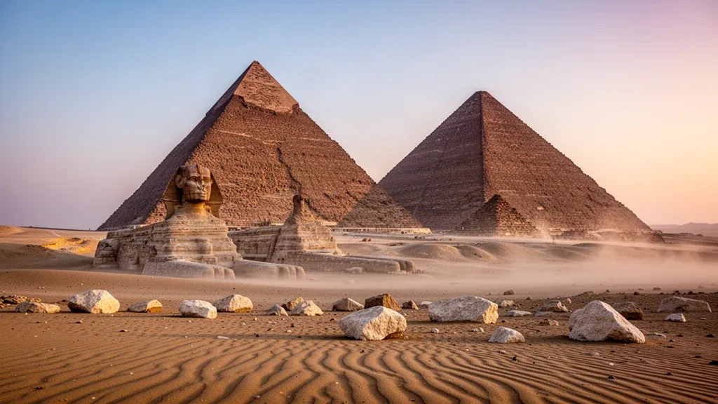 Giza'nın Büyük Piramitleri ve Sfenks, Mısır'ın Kahire yakınlarındaki çöl platosunda altın saatte