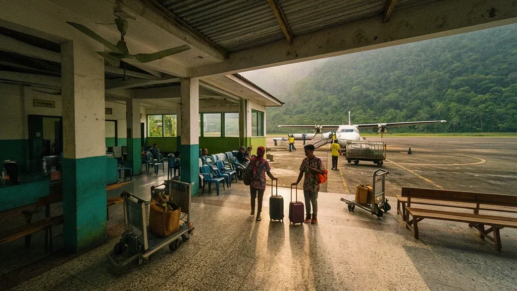 Serui, Papua'daki Stevanus Rumbewas Havalimanı ZRI'nin tropikal check-in ve kalkış salonunda yolcular ve bagajlar
