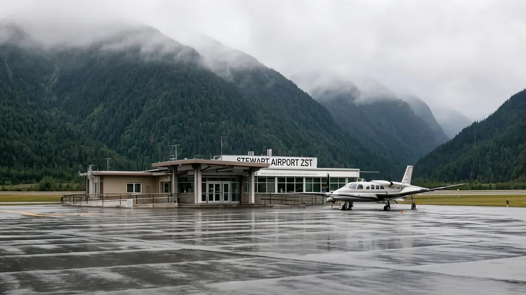 British Columbia'daki Stewart Havalimanı ZST terminalinin dış görünümü; ormanlık dağlar ve apronda küçük bir uçak.