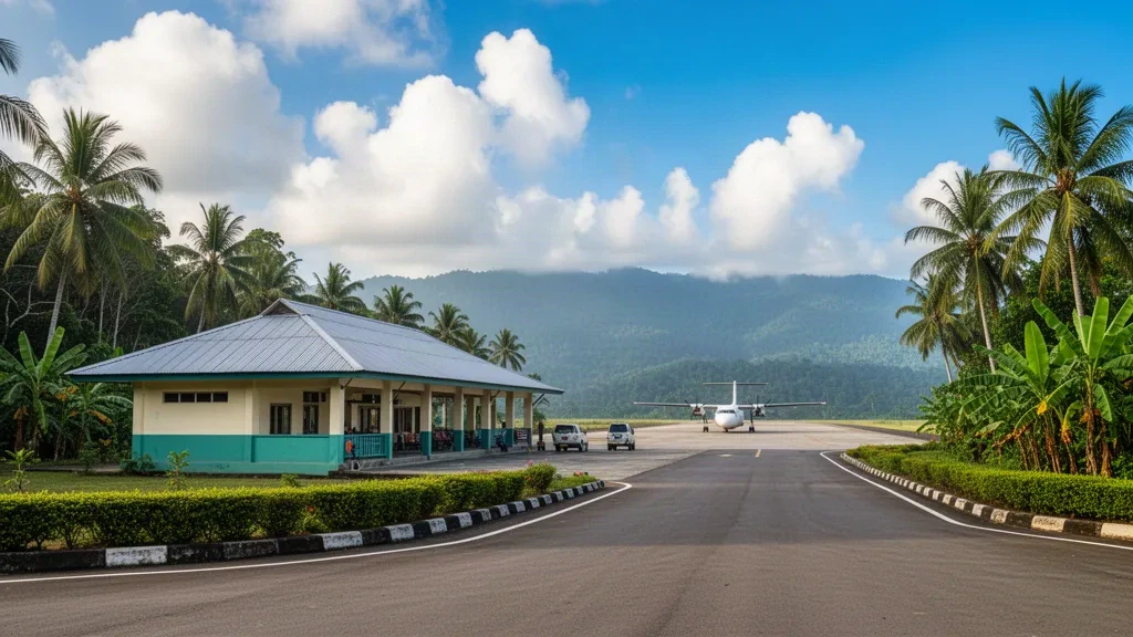 Sarmi, Papua'daki Mararena Havalimanı, tropikal bir terminal, park etmiş turboprop uçaklar ve pistin arkasında ormanlık dağlar.