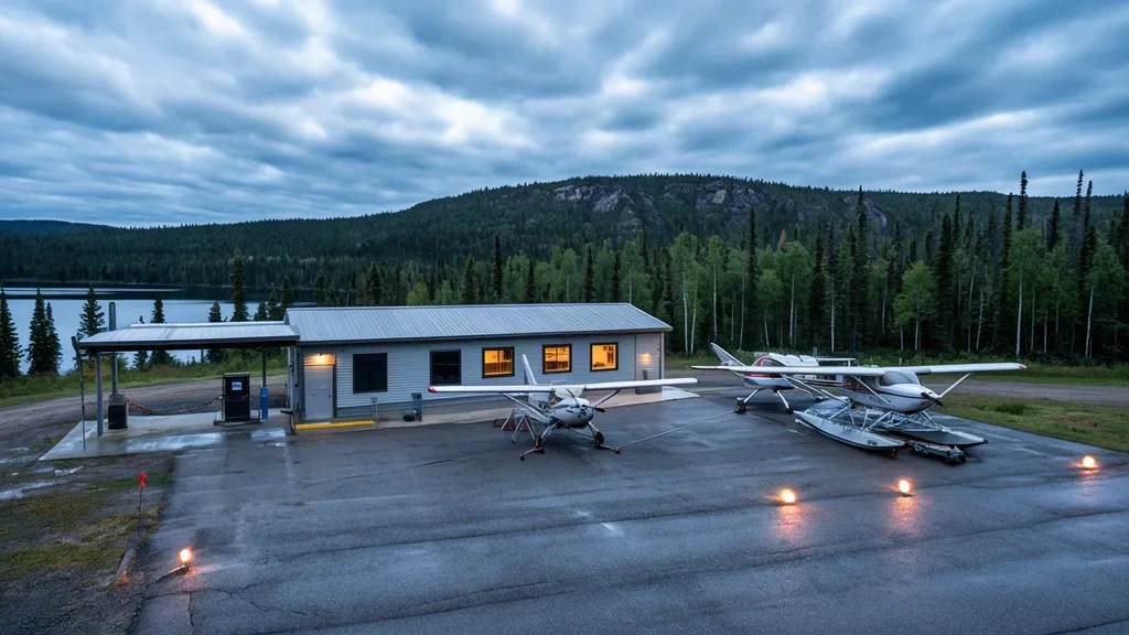 Kuzeybatı Ontario'daki Ignace Belediye Havalimanı ZUC'ta boreal orman ve göllerle çevrili küçük terminal ve uçak apronu