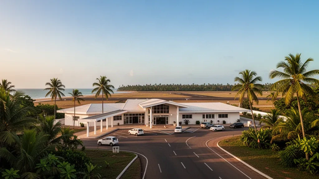 Sassandra Airport terminal exterior with palm trees, drop-off lane and tropical daylight in Côte d'Ivoire.