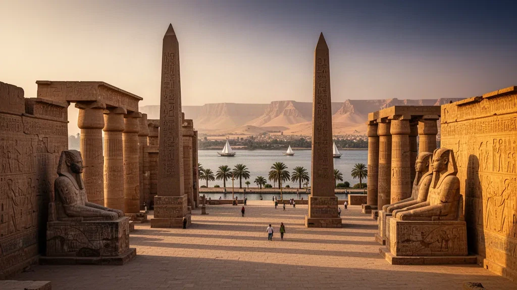 Sandsteinsäulen und Obelisk des Luxor-Tempels leuchten zur goldenen Stunde am Nil in Luxor, Ägypten