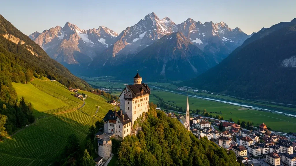 Le château de Vaduz au-dessus de la vallée du Rhin, avec les Alpes enneigées en arrière-plan, capturant la capitale pittoresque du Liechtenstein à l'heure dorée