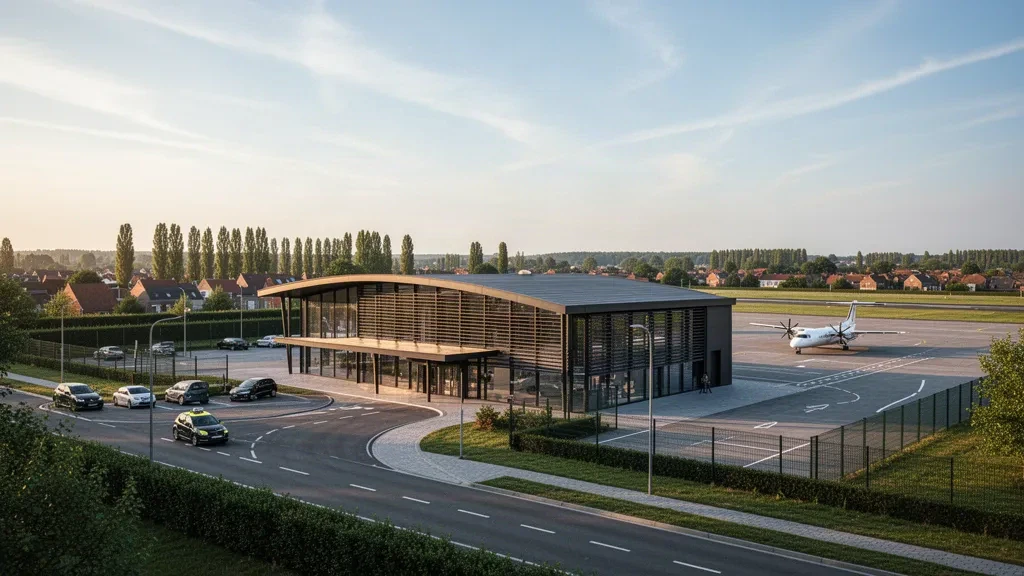 Belçika'nın Deurne kentindeki Antwerp International Havalimanı'nda sıcak altın saat güneş ışığıyla aydınlanan modern cam terminal ve kıvrımlı indirme şeridi.