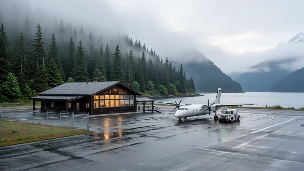 Metlakatla, Alaska yakınlarındaki Annette Island Havaalanı'nda sisli Tongass yağmur ormanı ve kıyı dağlarıyla çevrili küçük terminal ve ıslak apron.