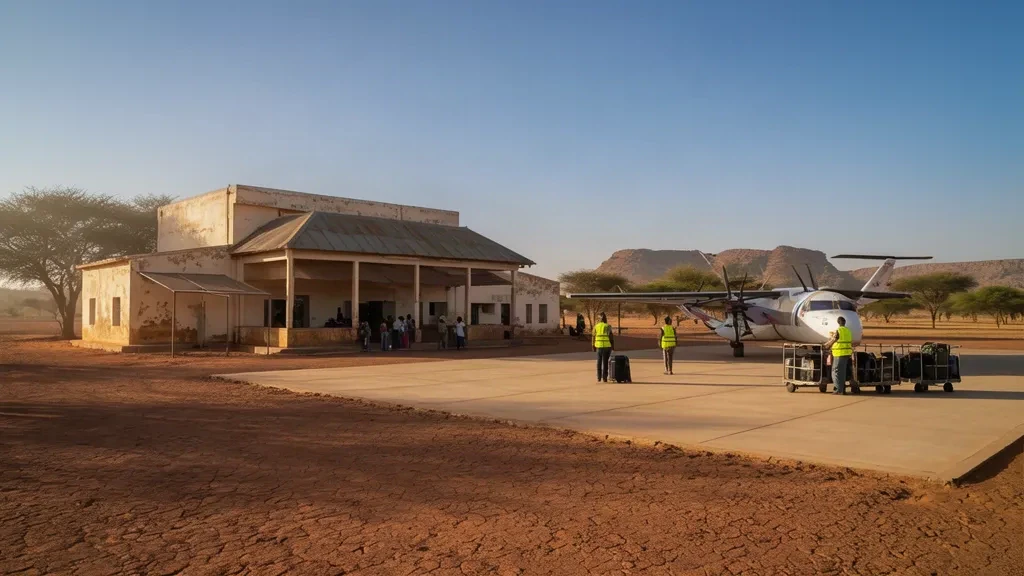 Remoto aeropuerto de Abou-Deïa en Chad con su bajo edificio terminal, plataforma polvorienta y una pequeña aeronave de cercanías bajo la luz de la tarde saheliana.