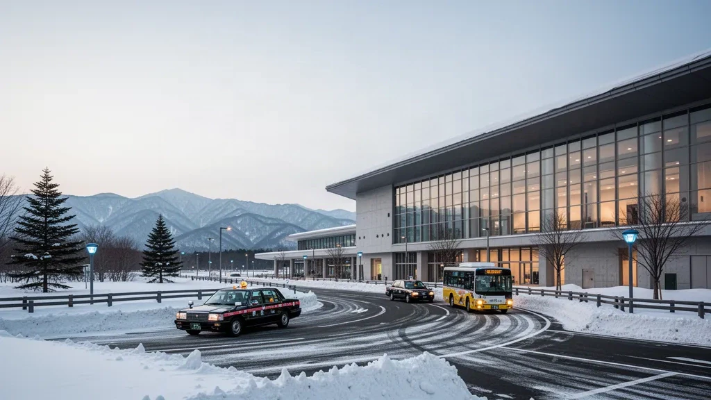 Extérieur moderne du terminal de l'aéroport d'Aomori par une journée enneigée d'hiver avec des montagnes enneigées en arrière-plan