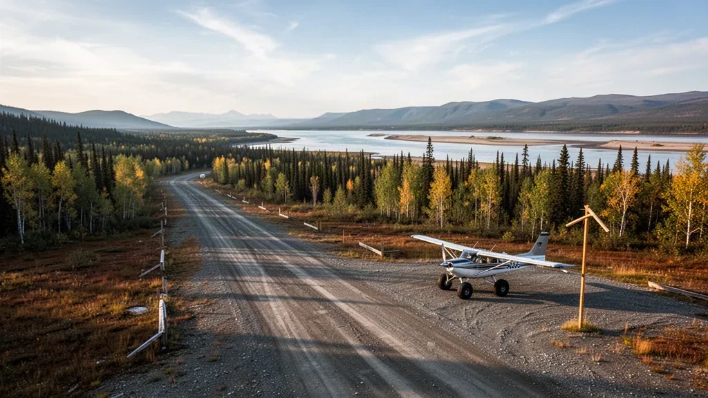 Pista de grava y avión monomotor estacionado en el aeropuerto de Anvik, en Alaska, rodeados de bosque de abetos y el río Yukon durante la hora dorada