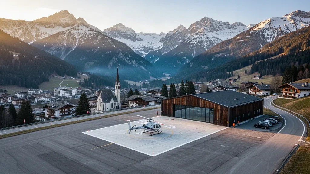Héliport alpin à Sankt Anton am Arlberg en Autriche avec un hélicoptère léger, un village de chalets et les sommets de l'Arlberg saupoudrés de neige à l'heure dorée.