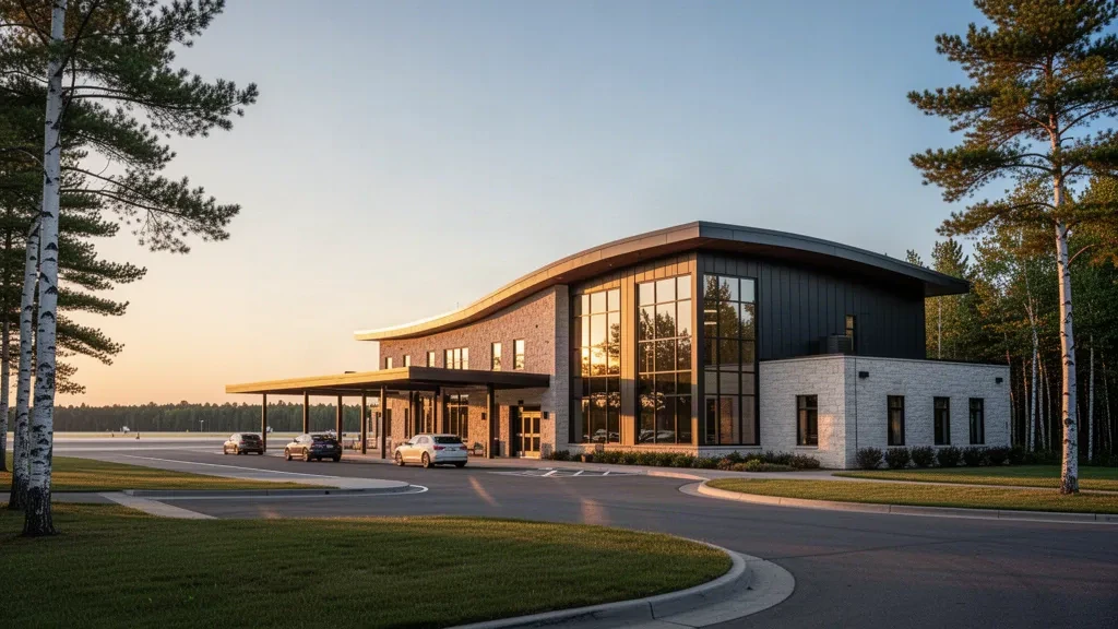 Esterno del terminal dell'aeroporto regionale di Alpena County nel Michigan settentrionale, circondato da pini nella calda luce dell'ora d'oro