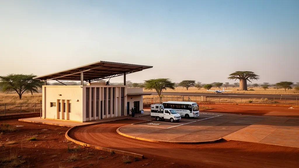 Benin'deki Arly Havalimanı'nda küçük bölgesel terminal ve güneşle aydınlanan apron, kuru savana otlakları ve açık gökyüzüyle çevrili