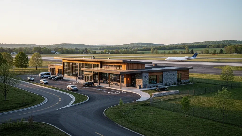 Terminal moderna de cristal y zona de bajada en la acera del Aeropuerto Internacional de Watertown en Nueva York, con un avión regional en la plataforma durante la hora dorada