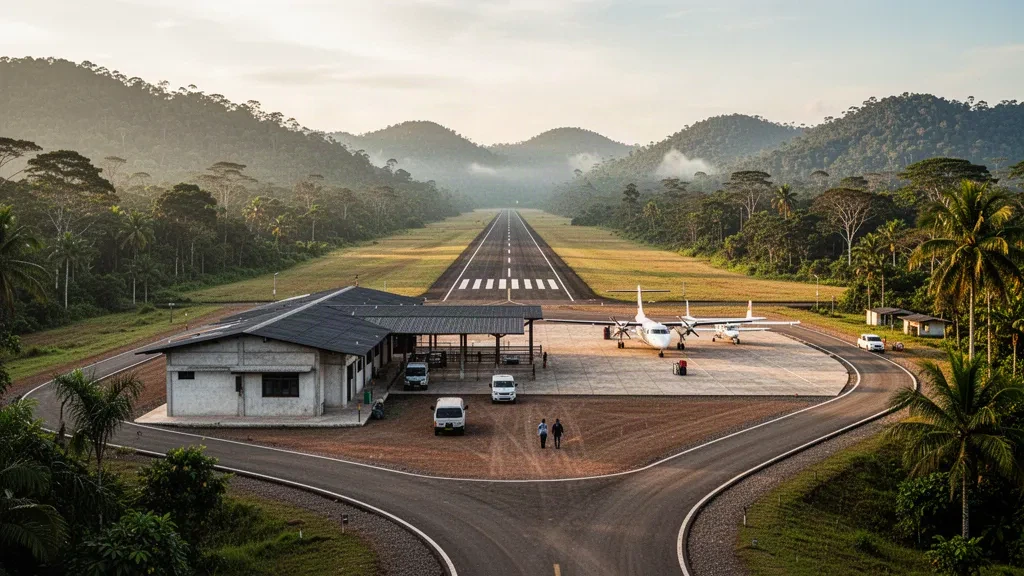 Piccolo campo di aviazione regionale presso l'Aeroporto di Apolo in Bolivia, con una pista stretta, un terminal compatto e le verdi colline pedemontane amazzoniche sotto una luce dorata