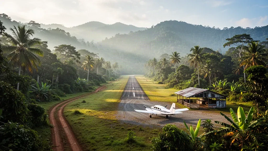 Graslandebahn am abgelegenen Flughafen Aragip im Regenwald der Milne Bay Province in Papua-Neuguinea, umgeben von nebligen Bergkämmen im Morgengrauen