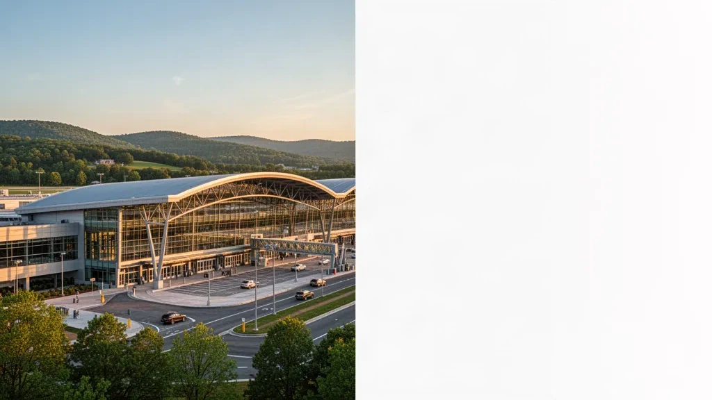 Exterior moderno de la terminal del Aeropuerto Internacional de Wilkes-Barre/Scranton en Pensilvania, con fachada de vidrio y zona de desembarque a la hora dorada.