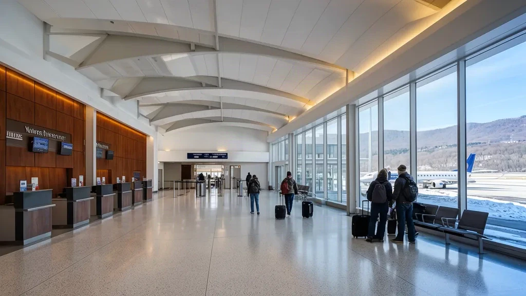 Intérieur lumineux du terminal de l'aéroport international de Wilkes-Barre/Scranton avec des voyageurs à l'enregistrement et un avion régional visible par les fenêtres