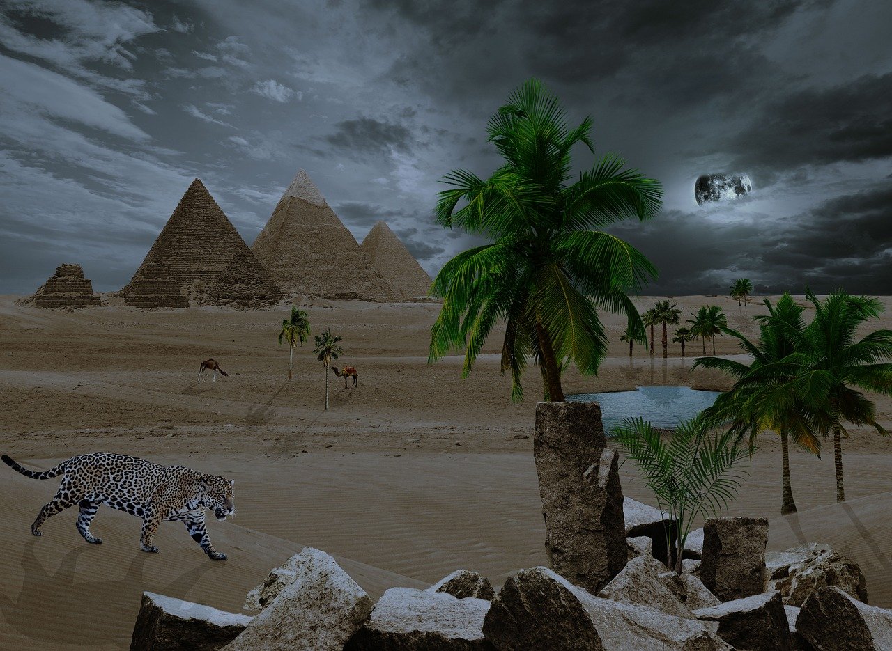 pyramid, egypt, camel, oasis, desert, palm tree, leopard, fantasy, rocks, lake, full moon, animals, nature, dark clouds, night sky, water, landscape, composite, travel