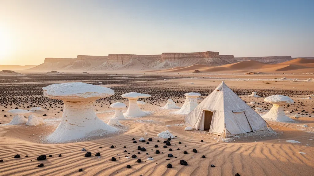 Surreale weiße Kreidefelsformationen in der Weißen Wüste des Neuen Tals, Ägypten, unter warmem goldenen Wüstenlicht zur goldenen Stunde.