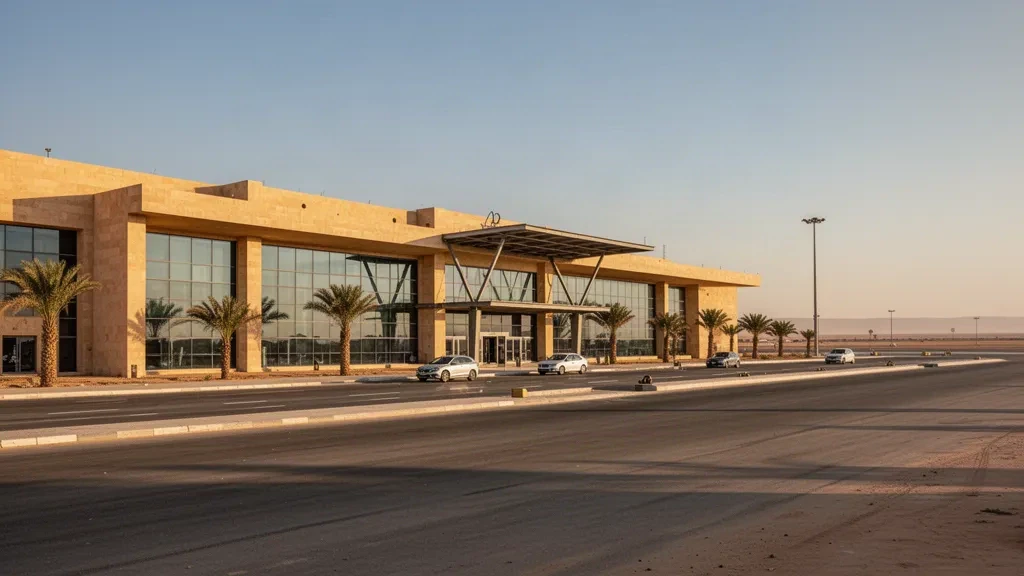 Ampia vista esterna del terminal dell'aeroporto di Deir ez-Zor nel deserto siriano, con facciata in vetro, palme e luce dorata del tramonto.