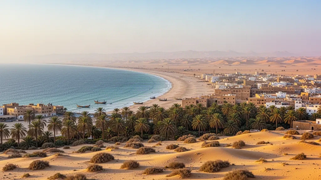 Lumière chaude d'après-midi sur El-Arich, dans le Sinaï Nord, où le littoral méditerranéen rencontre des palmeraies, une ville de faible hauteur et des dunes désertiques.