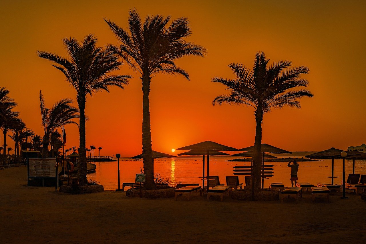 Sonnenuntergang, Palmen, Strand, Afrika, Natur, Ägypten, Sand, Hurghada, Rotes Meer, Wasser, Meer, Sommer, Tourismus, Reisen, Liegestuhl