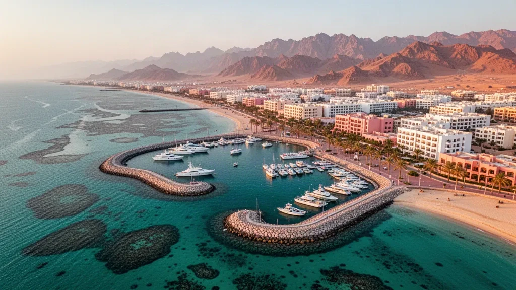 Costa turquesa del Mar Rojo y puerto deportivo en Hurgada, Egipto, con paseo bordeado de palmeras y colinas desérticas a la hora dorada