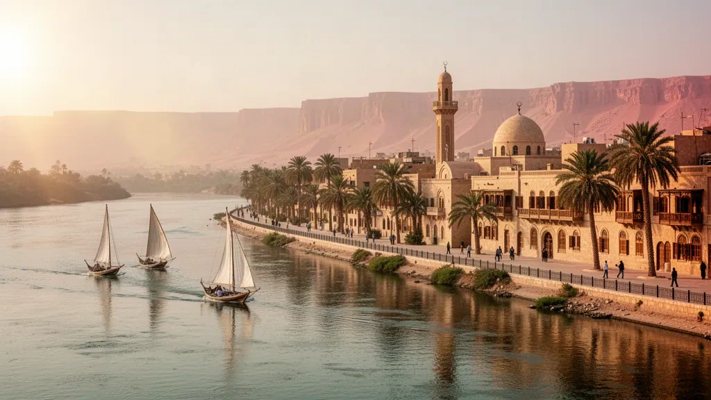 Corniche du Nil bordée de palmiers à Sohag, en Égypte, à l'heure dorée, avec des felouques sur le fleuve et des falaises désertiques au-delà