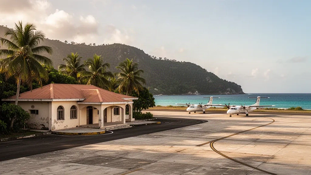 Haiti'deki Jacmel Havaalanı terminali ve apronu, altın saatlerde palmiye ağaçları ve Karayip kıyı dağlarıyla çevrili