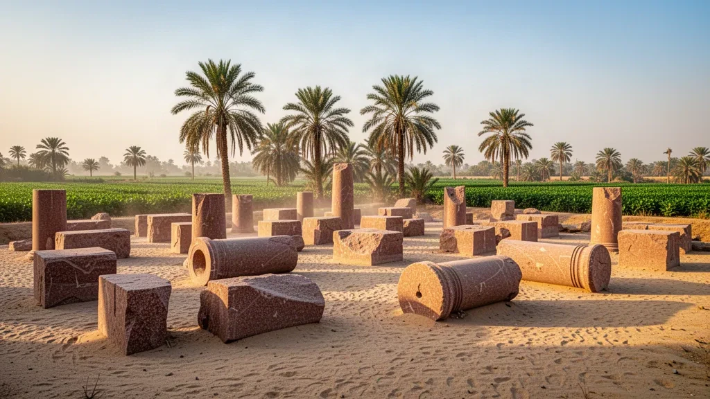 Antiguas ruinas de granito de Tell Basta en Zagazig, Sharqia, Egipto, enmarcadas por palmeras datileras bajo una cálida luz dorada