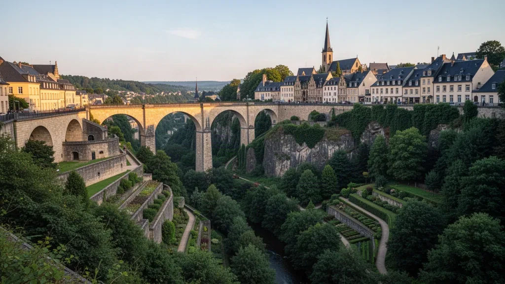 Il Ponte Adolphe che attraversa la verde valle della Pétrusse con il centro storico di Lussemburgo e le sue fortificazioni in pietra sullo sfondo