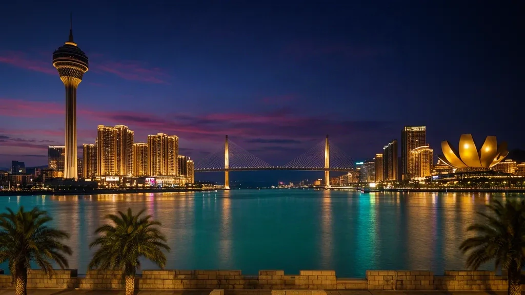 Skyline von Macau zur blauen Stunde mit Macau Tower, beleuchteten Casinotürmen und einer erleuchteten Brücke, die sich im Mündungsgebiet des Perlflusses spiegelt