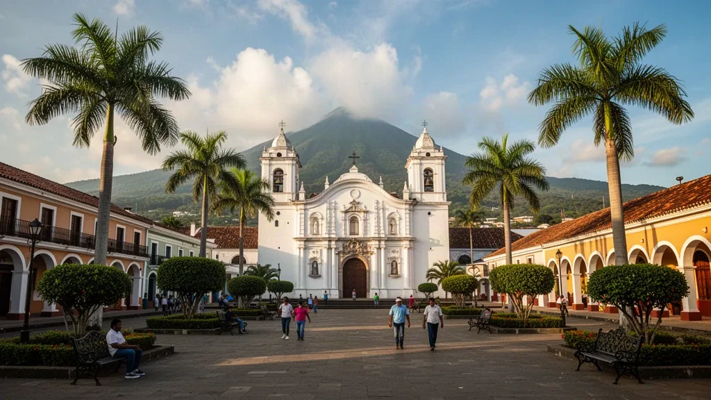 Place centrale de Zacatecoluca et son église coloniale blanche à La Paz, El Salvador, sous une lumière chaude d'après-midi avec vue sur le volcan