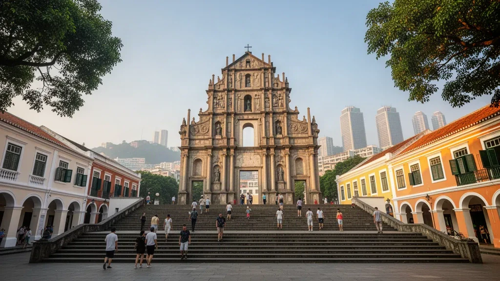 Ruinen der St.-Pauls-Kirche in Macau zur goldenen Stunde, mit Besuchern auf der Steintreppe und Kolonialgebäuden im historischen Zentrum.