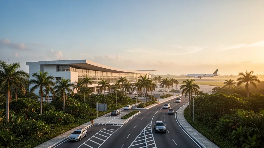 Meksika, Veracruz'daki El Tajín Ulusal Havalimanı'nda gün batımında modern terminal ve tropikal peyzaj.