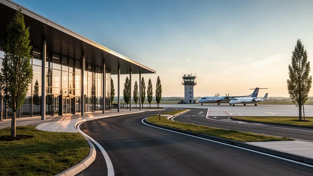 Vue à l'heure dorée d'un terminal moderne en verre et de son tarmac à l'aéroport de Pardubice en République tchèque