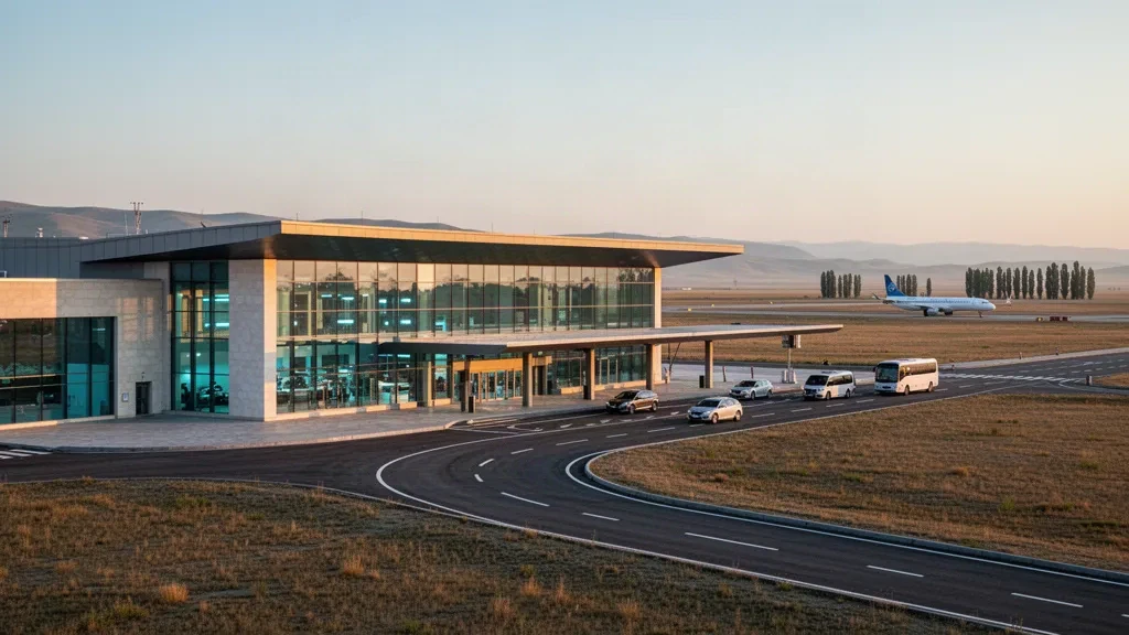 Moderner Glasfassade des Terminals am Internationalen Flughafen Semei in Kasachstan mit Vorfahrspuren am Straßenrand im Licht der goldenen Stunde