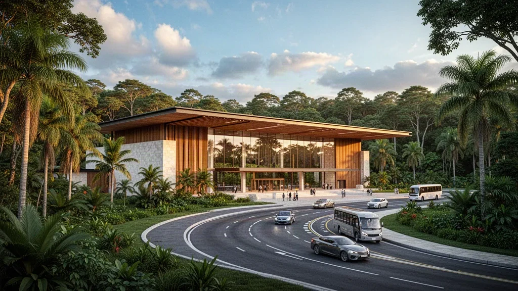 Moderna terminal de inspiración maya en el Aeropuerto Internacional de Palenque, en Chiapas, rodeada de selva tropical y una vía de acceso
