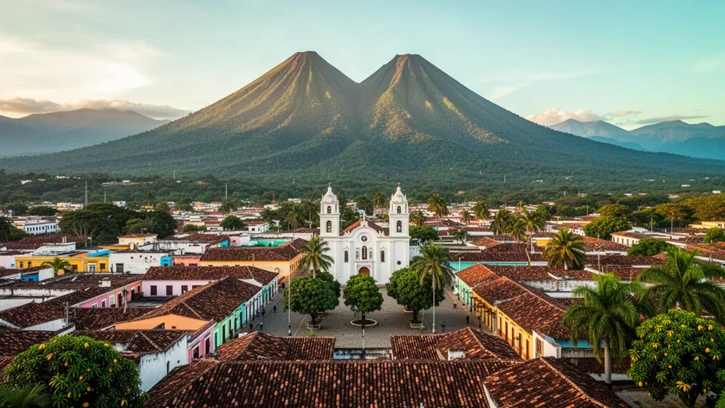 Colonial rooftops and twin-towered cathedral of San Vicente, El Salvador, beneath the green Chichontepec volcano at golden hour